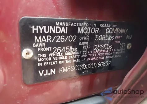 2002 Hyundai Santa Fe Gls/Lx from USA, damaged, VIN KM8SC13D32U266852